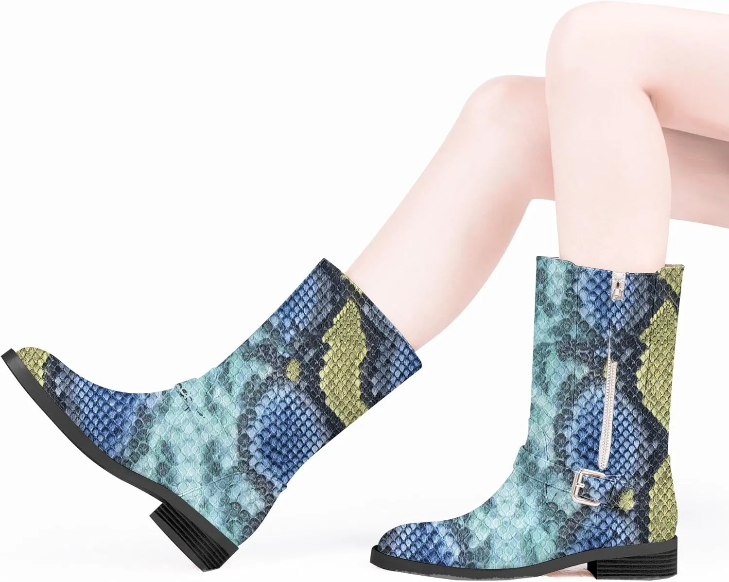 Women's Slip On Low Chunky Heel Buckle Strap Biker Mid Calf Boots