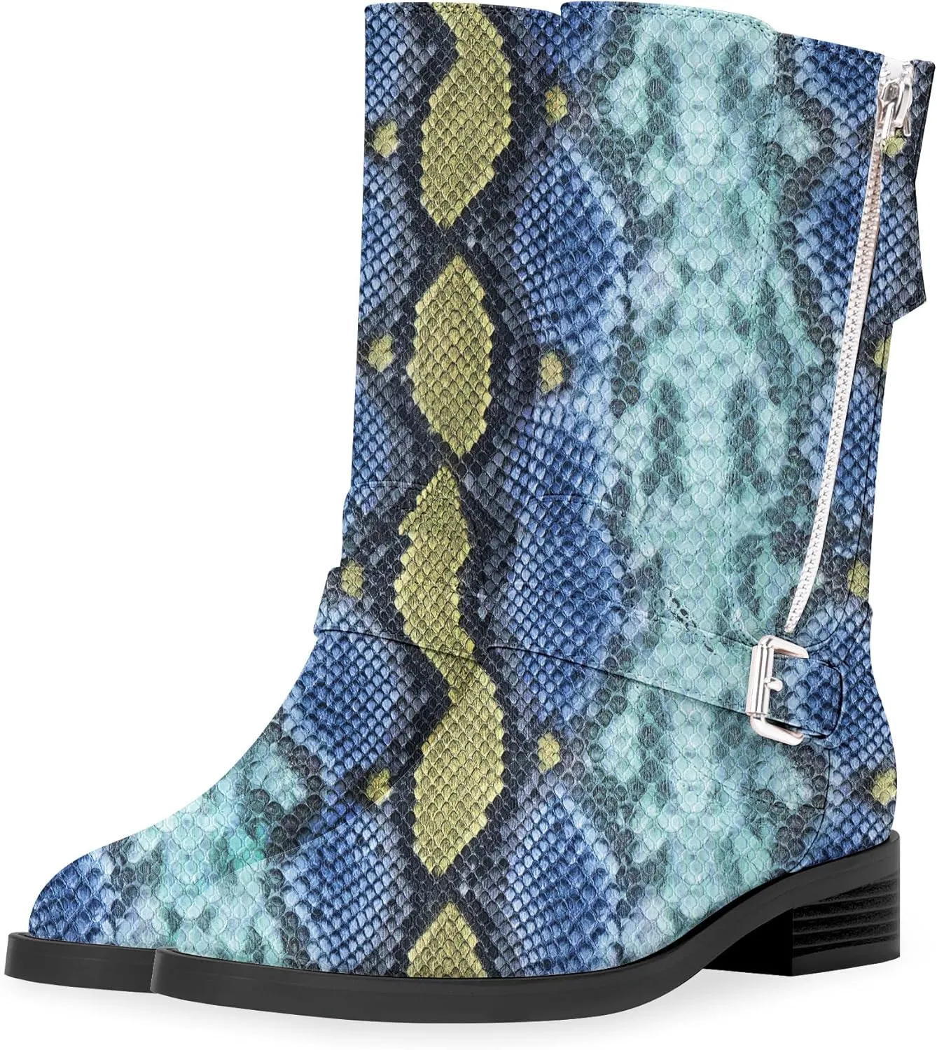 Women's Slip On Low Chunky Heel Buckle Strap Biker Mid Calf Boots