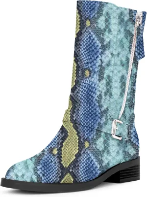 Women's Slip On Low Chunky Heel Buckle Strap Biker Mid Calf Boots