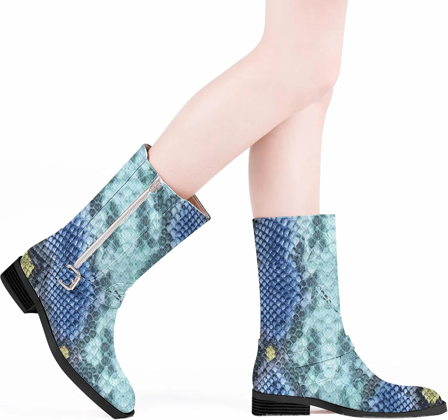 Women's Slip On Low Chunky Heel Buckle Strap Biker Mid Calf Boots