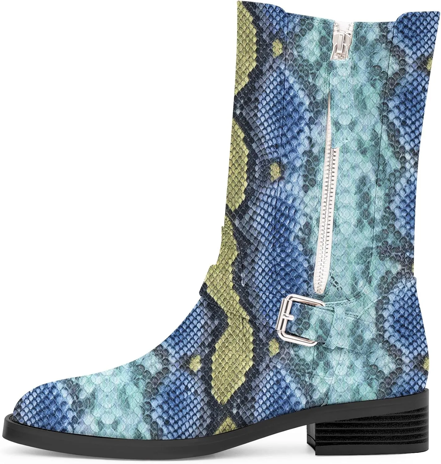 Women's Slip On Low Chunky Heel Buckle Strap Biker Mid Calf Boots