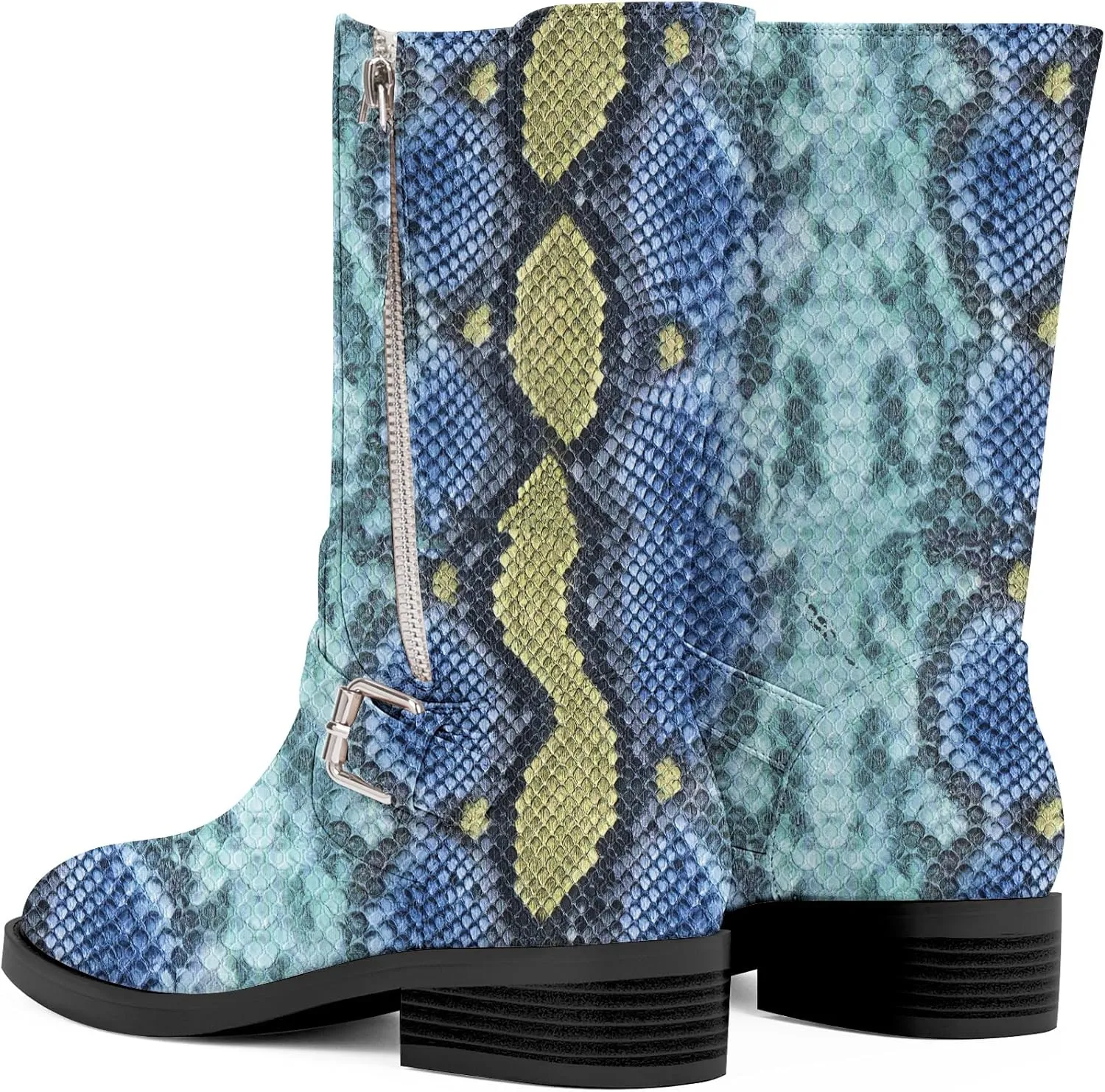Women's Slip On Low Chunky Heel Buckle Strap Biker Mid Calf Boots