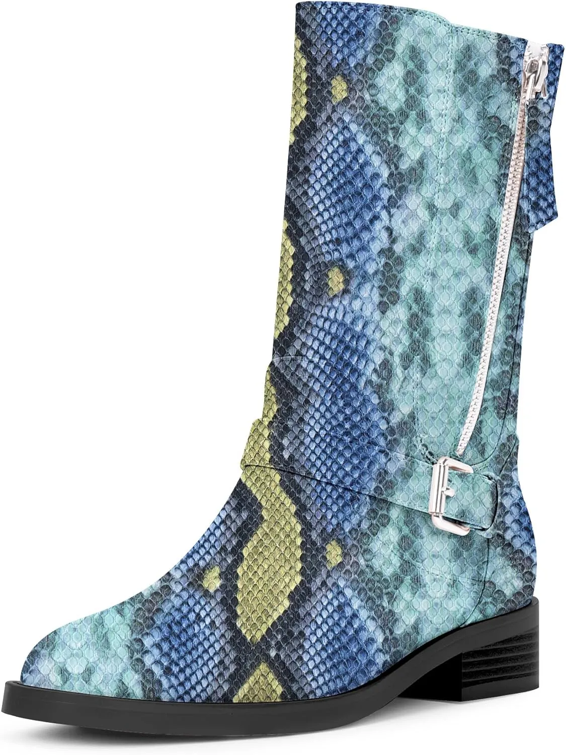 Women's Slip On Low Chunky Heel Buckle Strap Biker Mid Calf Boots