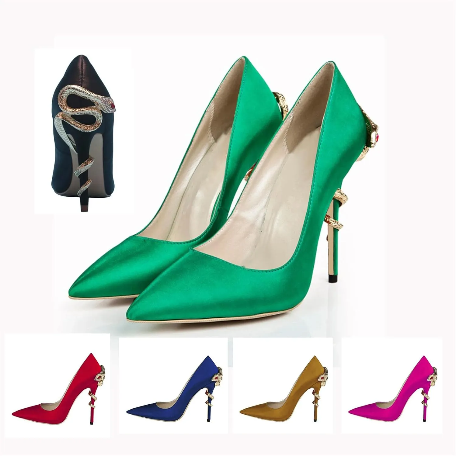 Women's Snake Heel Pumps, Rhinestone Satin Stiletto Party Catwalk