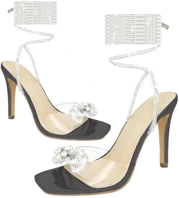 Women's Sparkly Rhinestones Strappy Crystal Bows Shine Heels for Women Sandals