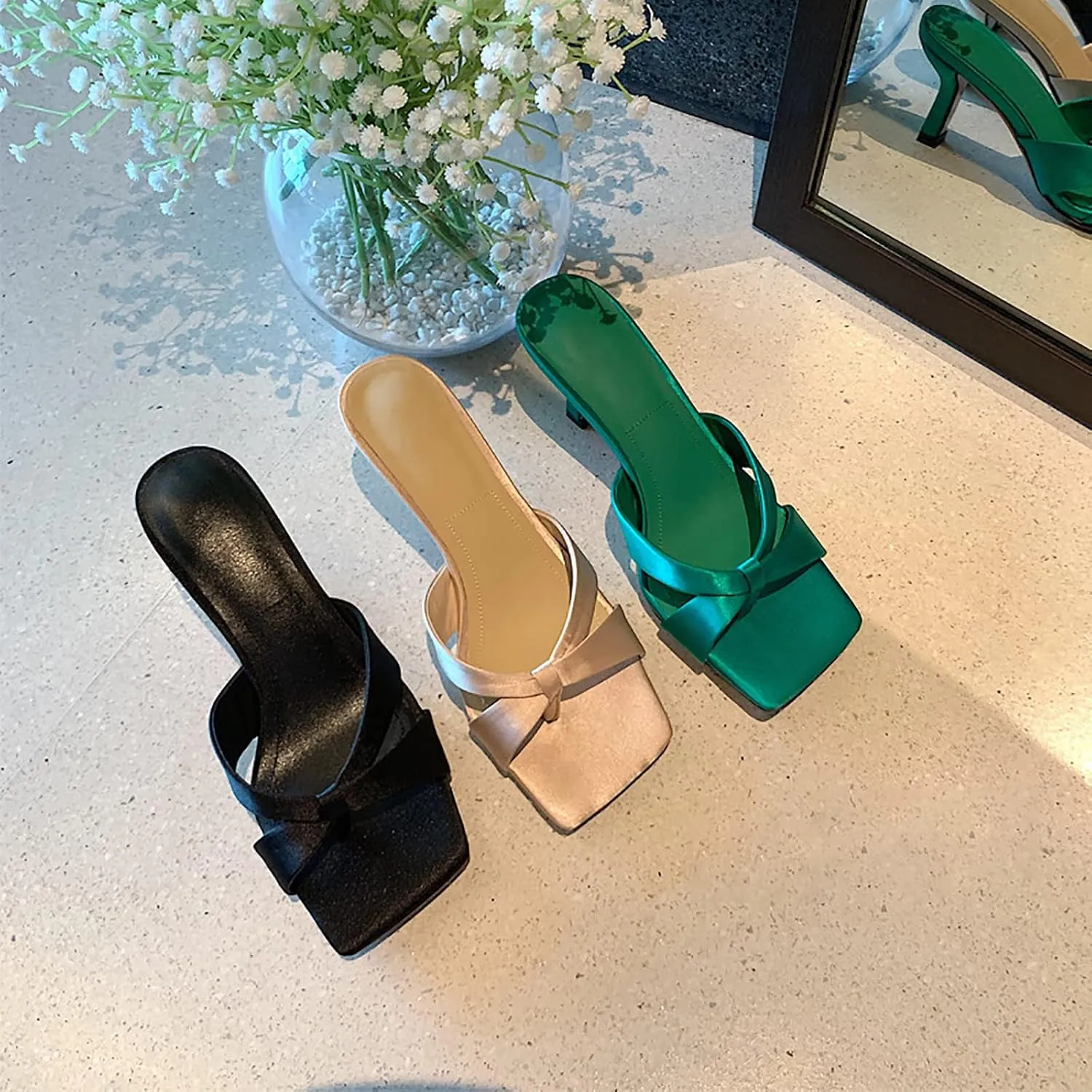 Women's Square Toe Slip On Open Toe Heeled Sandal,with Arch Support Summer Fashion Criss Cross Satin Cloth Sexy Stiletto Heel Dress Pumps Sandals Slippers