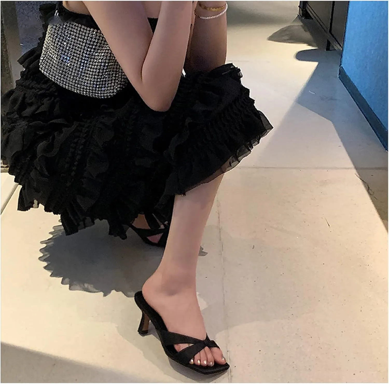 Women's Square Toe Slip On Open Toe Heeled Sandal,with Arch Support Summer Fashion Criss Cross Satin Cloth Sexy Stiletto Heel Dress Pumps Sandals Slippers