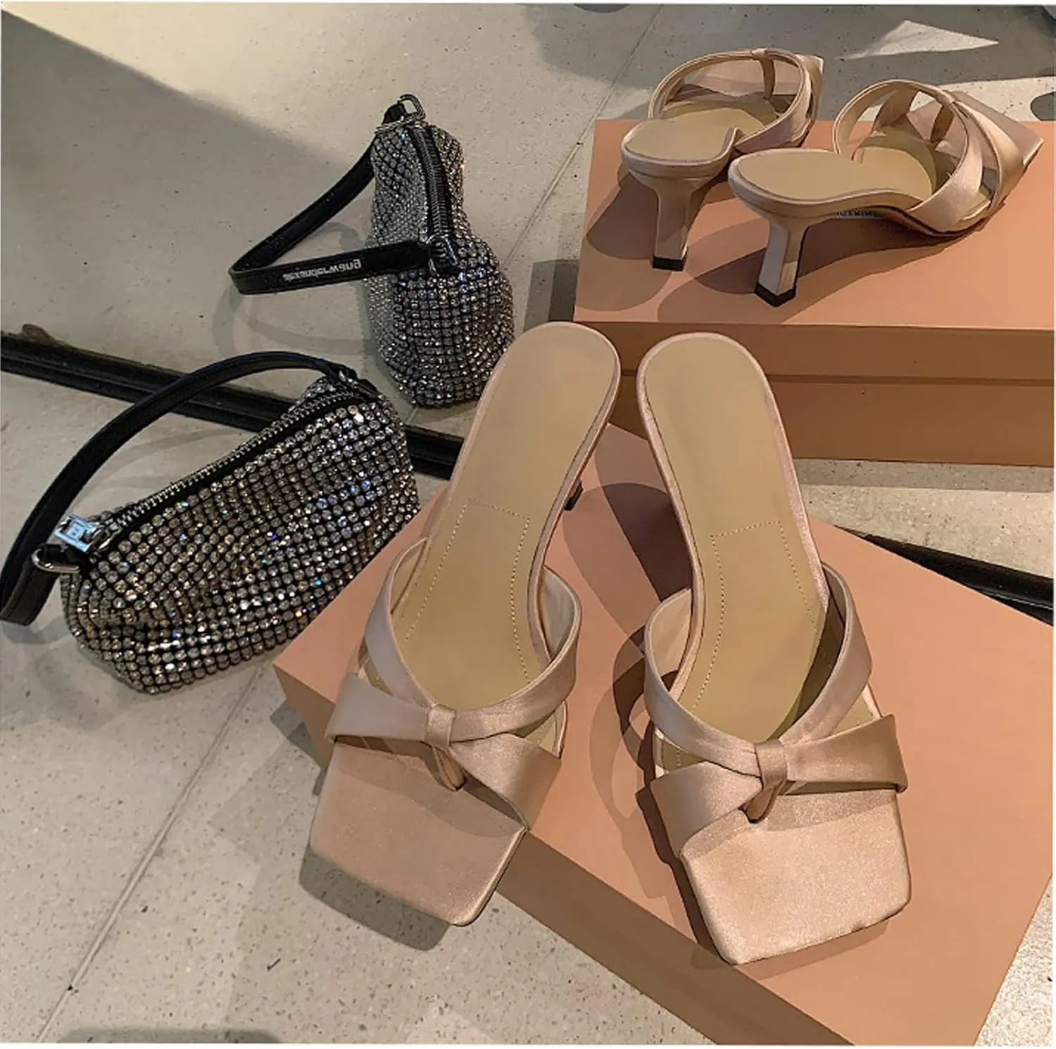 Women's Square Toe Slip On Open Toe Heeled Sandal,with Arch Support Summer Fashion Criss Cross Satin Cloth Sexy Stiletto Heel Dress Pumps Sandals Slippers
