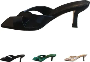 Women's Square Toe Slip On Open Toe Heeled Sandal,with Arch Support Summer Fashion Criss Cross Satin Cloth Sexy Stiletto Heel Dress Pumps Sandals Slippers