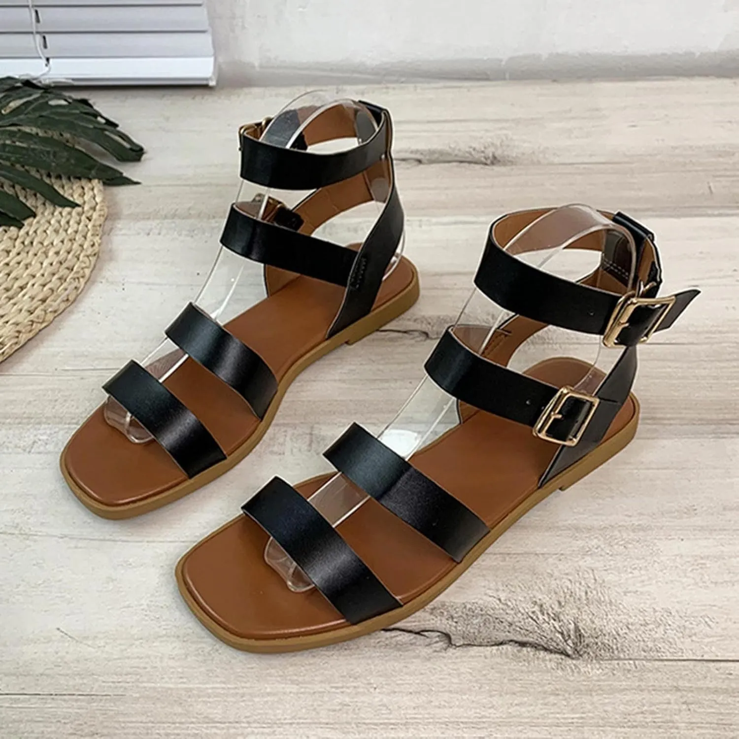Women's Strappy Gladiator Sandals Comfortable Square Toe Flat Footwear with Buckle Stylish Roman Sandal for Summer