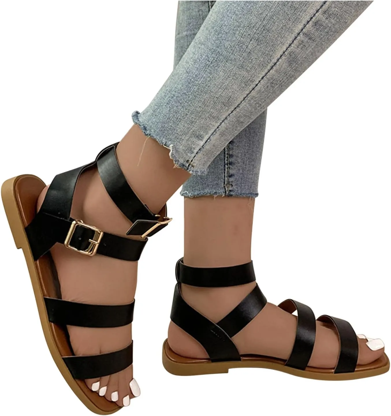 Women's Strappy Gladiator Sandals Comfortable Square Toe Flat Footwear with Buckle Stylish Roman Sandal for Summer