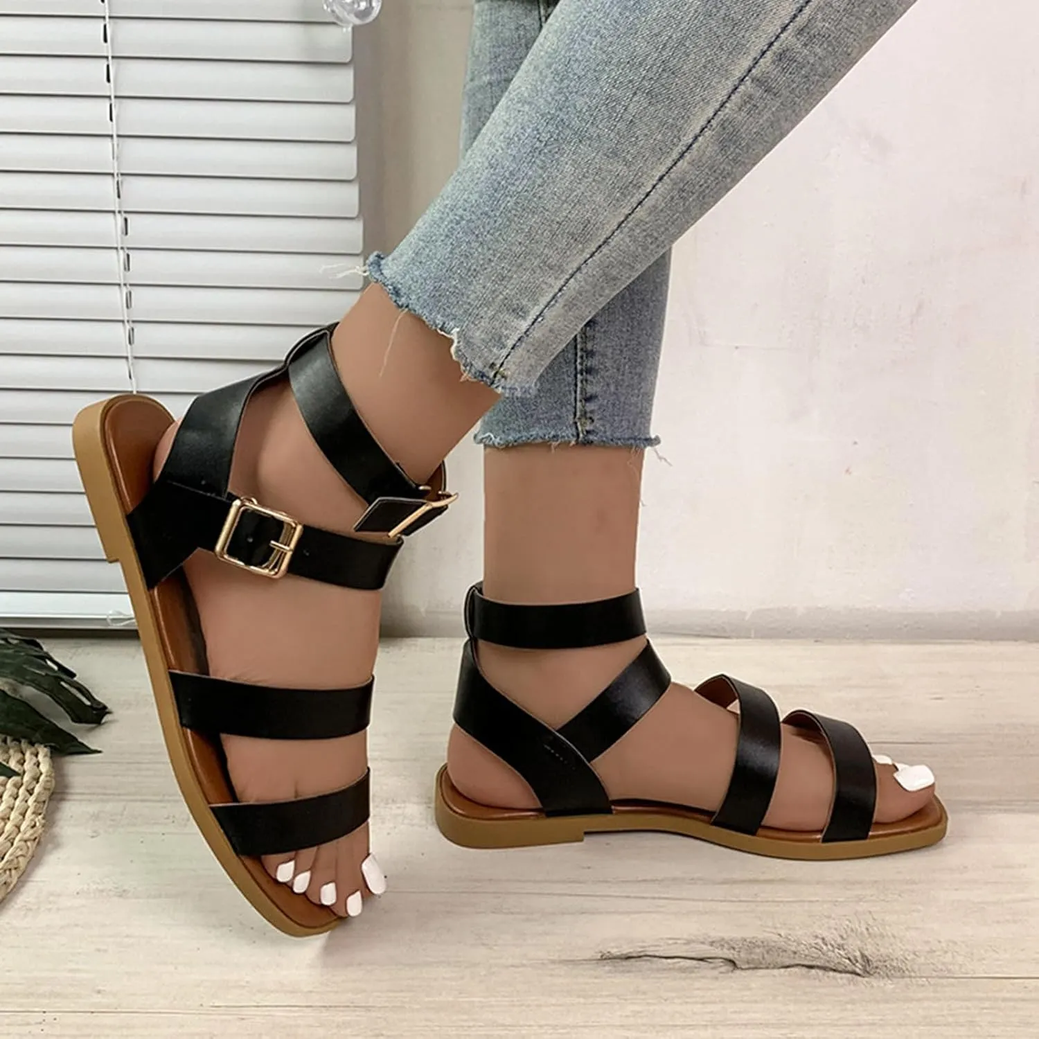 Women's Strappy Gladiator Sandals Comfortable Square Toe Flat Footwear with Buckle Stylish Roman Sandal for Summer