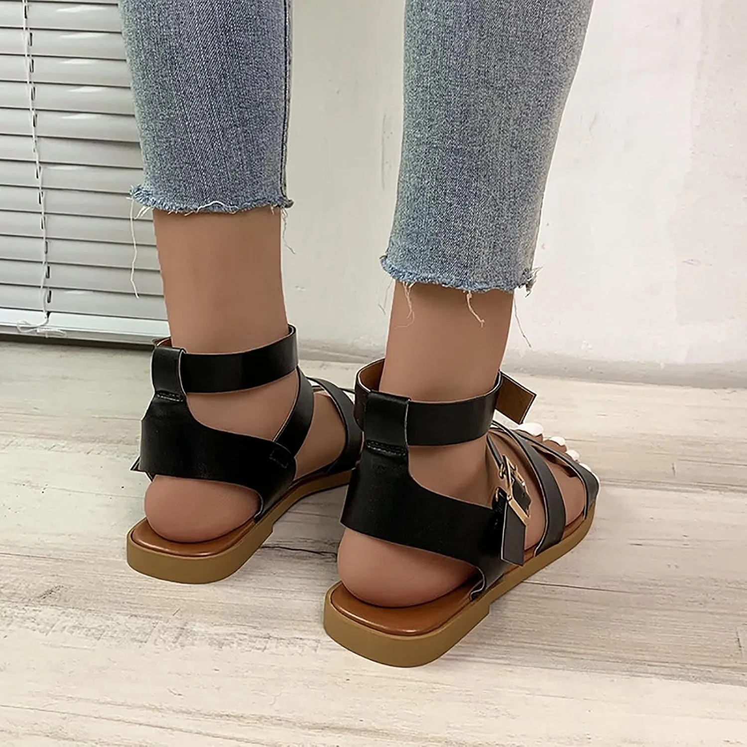 Women's Strappy Gladiator Sandals Comfortable Square Toe Flat Footwear with Buckle Stylish Roman Sandal for Summer
