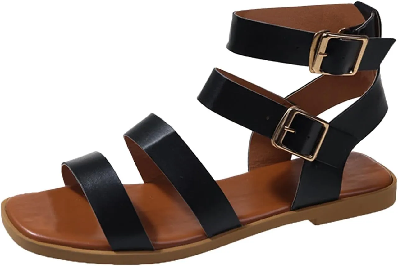 Women's Strappy Gladiator Sandals Comfortable Square Toe Flat Footwear with Buckle Stylish Roman Sandal for Summer