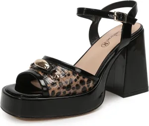 Women's Strappy Wedge Sandals Chunky Heel Squared Toe Patent PU Leather Sexy Party Dress Shoes