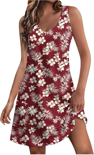 Womens Summer Dresses 2025 Trendy Casual Sleeveless Sundresses Beach Vacation Boho Floral Coverup Flowy Tank Dress