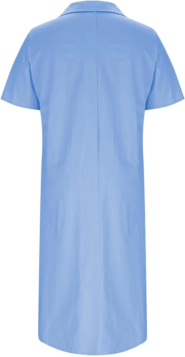 Womens Summer Dresses Linen Casual Short Sleeve V-Neck Button Sundress Fashion Loose Pleated Vacation Clothing