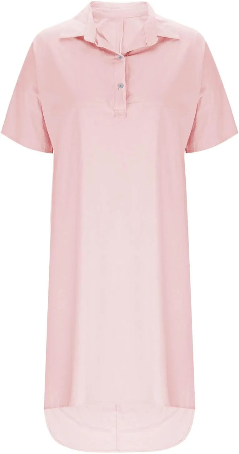 Womens Summer Dresses Linen Casual Short Sleeve V-Neck Button Sundress Fashion Loose Pleated Vacation Clothing