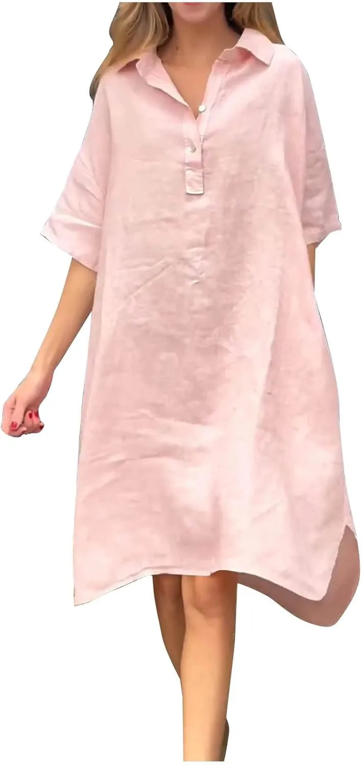 Womens Summer Dresses Linen Casual Short Sleeve V-Neck Button Sundress Fashion Loose Pleated Vacation Clothing