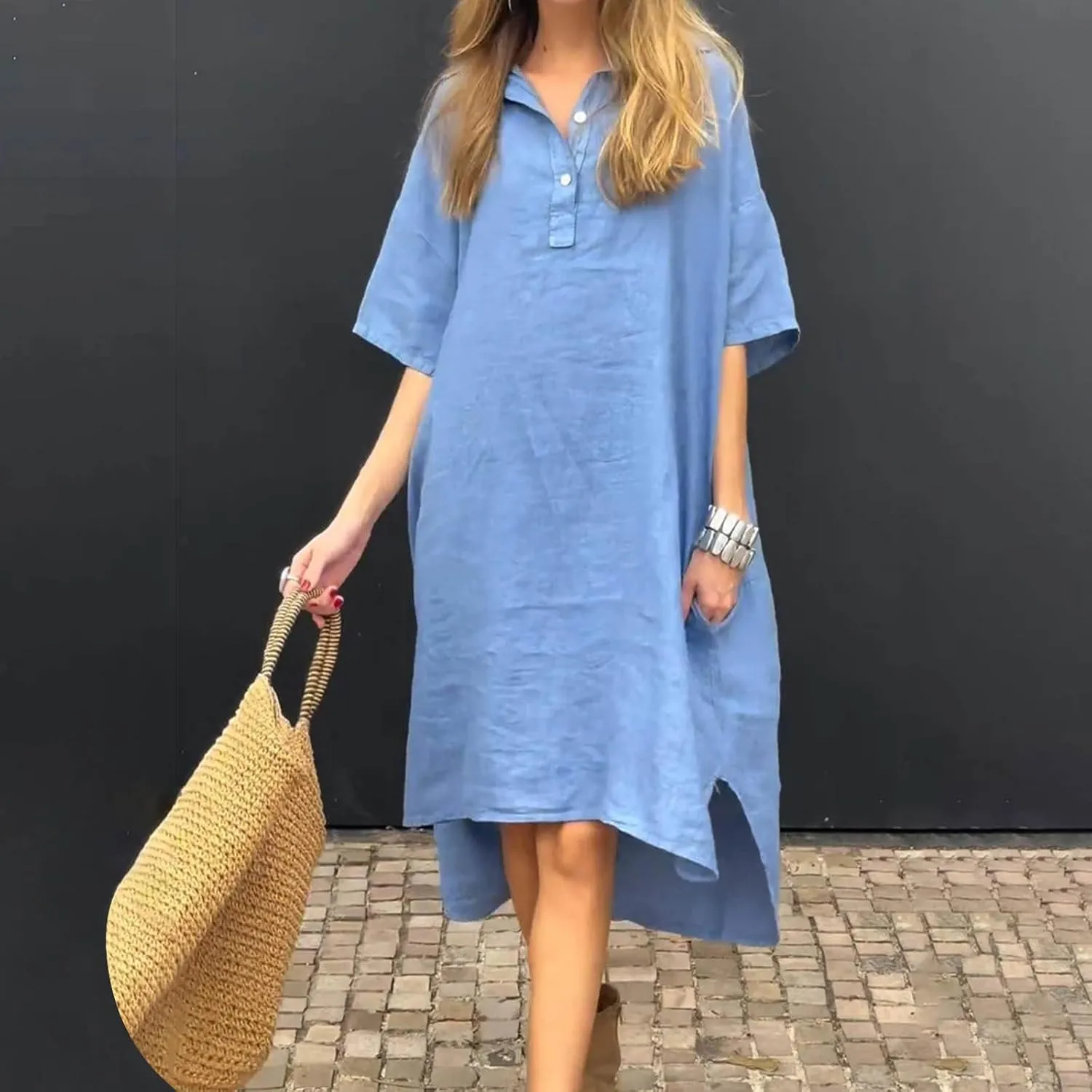 Womens Summer Dresses Linen Casual Short Sleeve V-Neck Button Sundress Fashion Loose Pleated Vacation Clothing