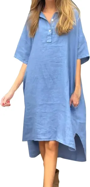 Womens Summer Dresses Linen Casual Short Sleeve V-Neck Button Sundress Fashion Loose Pleated Vacation Clothing