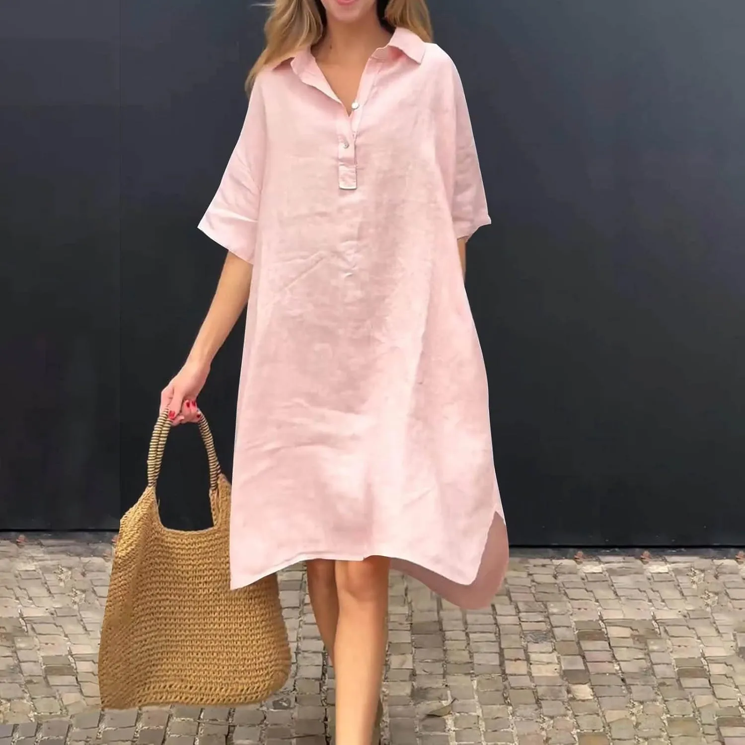 Womens Summer Dresses Linen Casual Short Sleeve V-Neck Button Sundress Fashion Loose Pleated Vacation Clothing