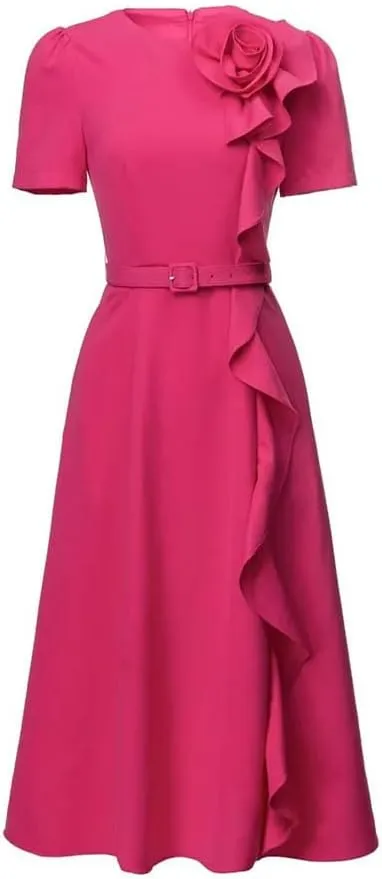 Women's Summer Elegant Midi Dress Ruffles Floral Short Sleeve Aline Party Dresses with Belt Purple
