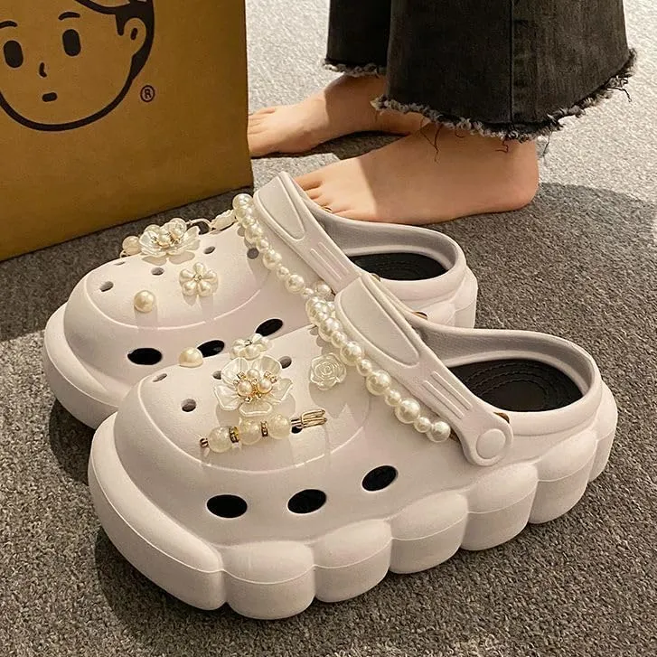 Women's Trendy Platform Clogs, Solid Color Hollow Out Non Slip Slide Shoes, Outdoor Beach Sandals