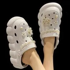 Women's Trendy Platform Clogs, Solid Color Hollow Out Non Slip Slide Shoes, Outdoor Beach Sandals