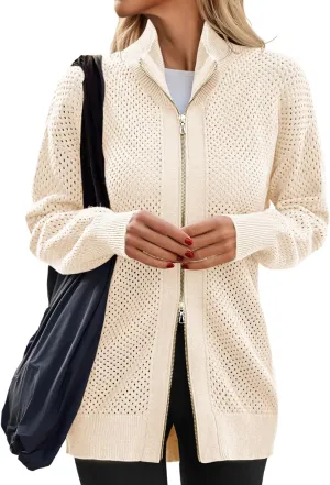 Women's Turtleneck Zip Up Cardigan Sweaters Oversized Drop Shoulder Long Sleeve Casual Solid Mesh Knit Jumper Tops