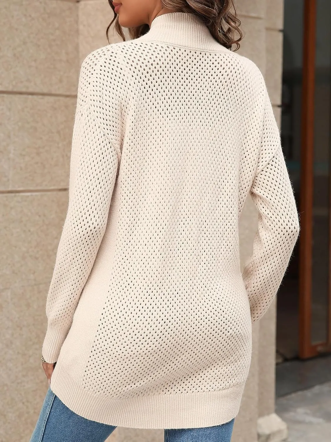 Women's Turtleneck Zip Up Cardigan Sweaters Oversized Drop Shoulder Long Sleeve Casual Solid Mesh Knit Jumper Tops