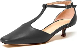 Women's Vintage Matte Leather Square Toe T-Strap Kitten Heel Pumps Shoes Comfort Solid Colour Closed Toe Dress Low Heel Sandals Shoes Black Size 8.5