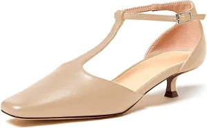 Women's Vintage Matte Leather Square Toe T-Strap Kitten Heel Pumps Shoes Comfort Solid Colour Closed Toe Dress Low Heel Sandals Shoes