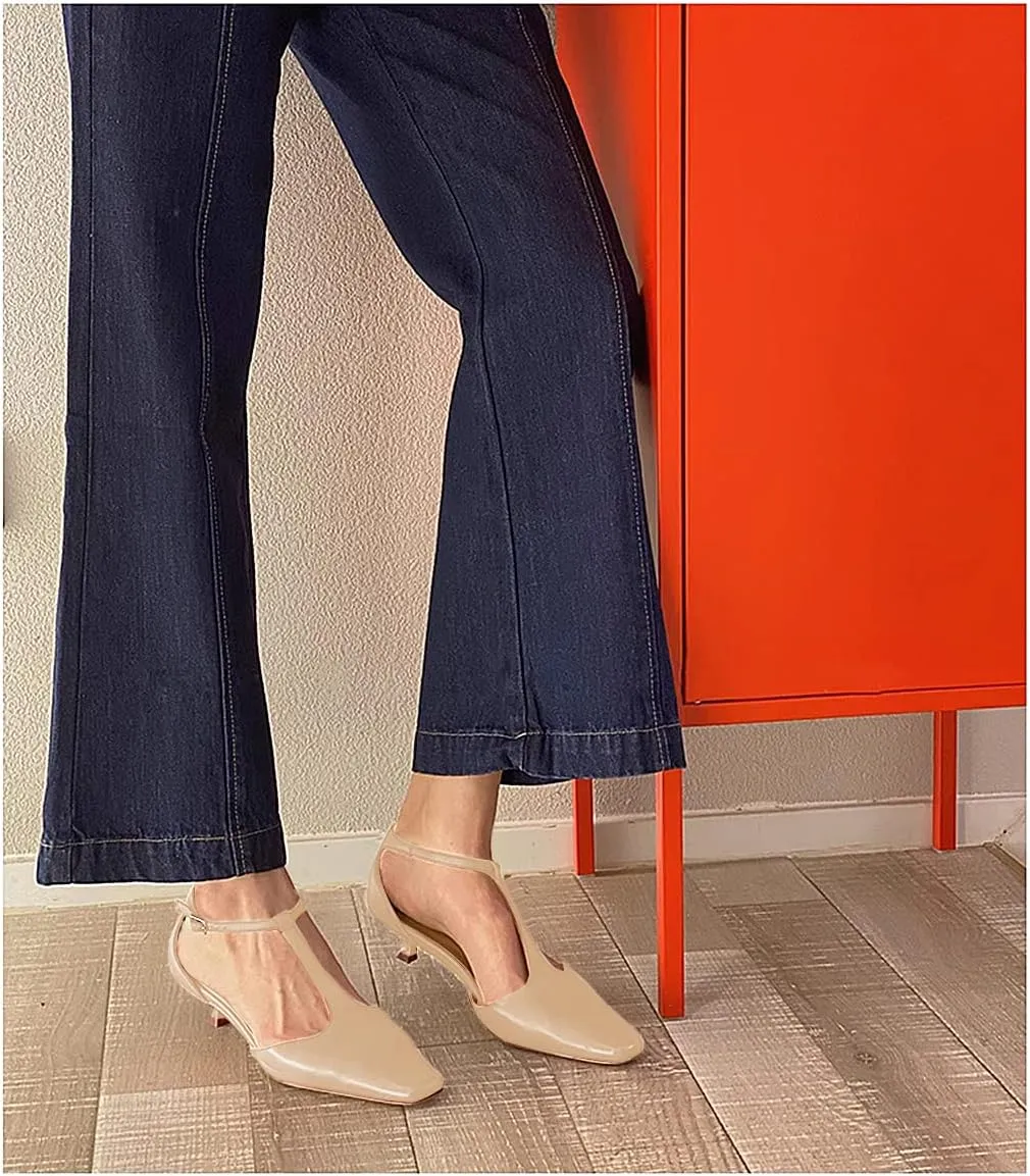 Women's Vintage Matte Leather Square Toe T-Strap Kitten Heel Pumps Shoes Comfort Solid Colour Closed Toe Dress Low Heel Sandals Shoes