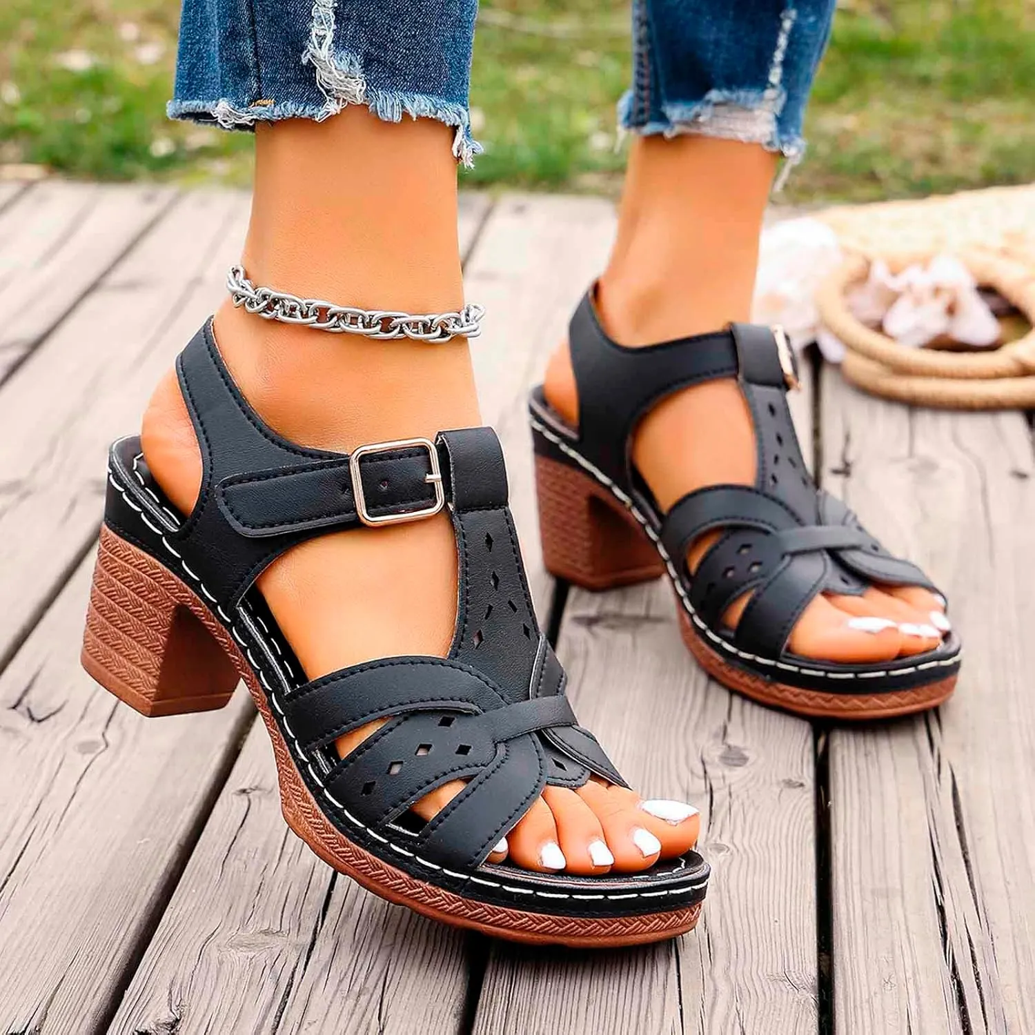 Women's Walking Heeled Sandals with Arch Support Orthopedic Sandals for Women 2025 Open Toe Cutout Ankle Strap Chunky Heel Sandal Leather Wedge Shoes