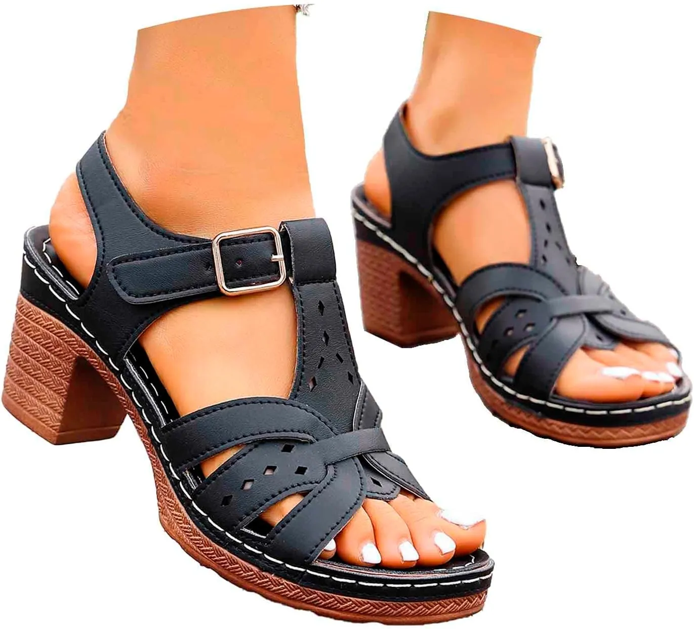 Women's Walking Heeled Sandals with Arch Support Orthopedic Sandals for Women 2025 Open Toe Cutout Ankle Strap Chunky Heel Sandal Leather Wedge Shoes