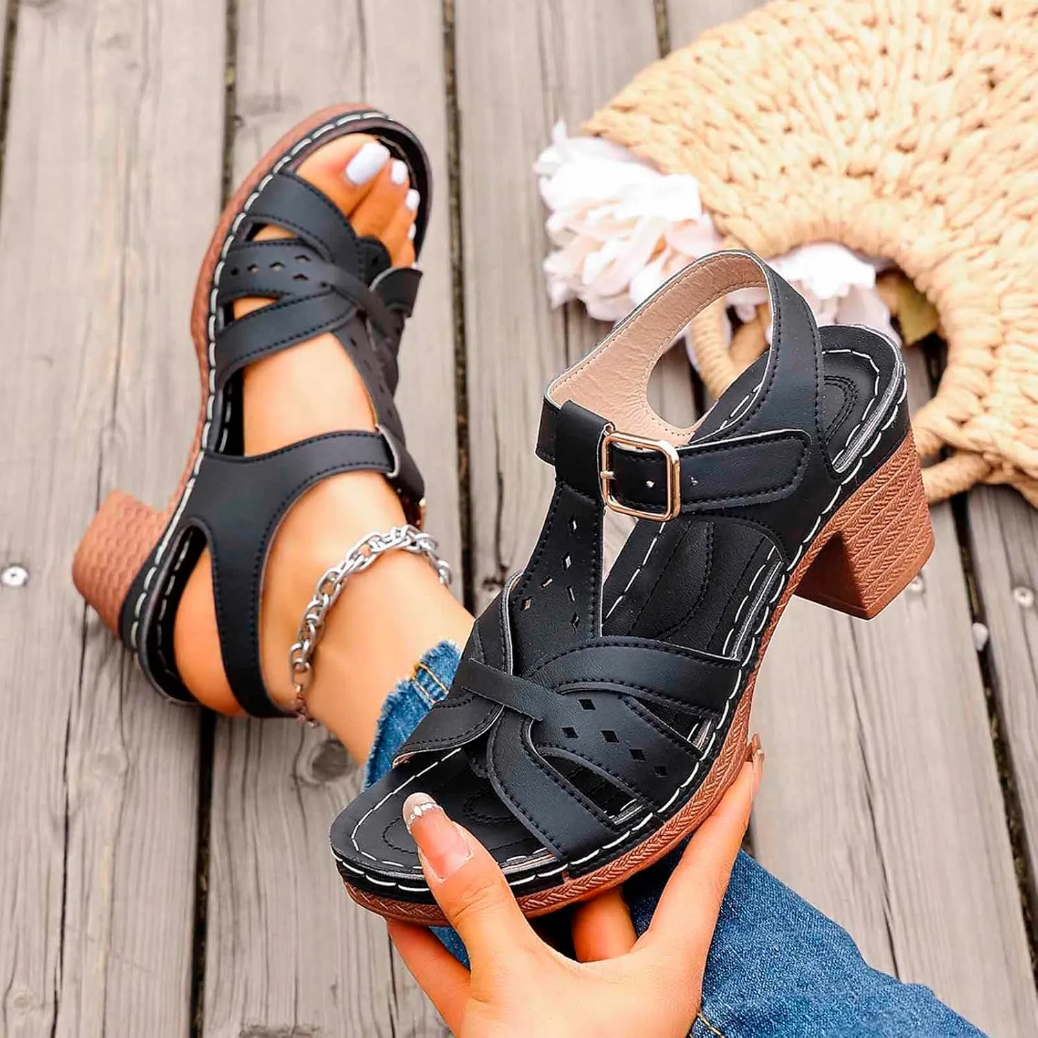 Women's Walking Heeled Sandals with Arch Support Orthopedic Sandals for Women 2025 Open Toe Cutout Ankle Strap Chunky Heel Sandal Leather Wedge Shoes