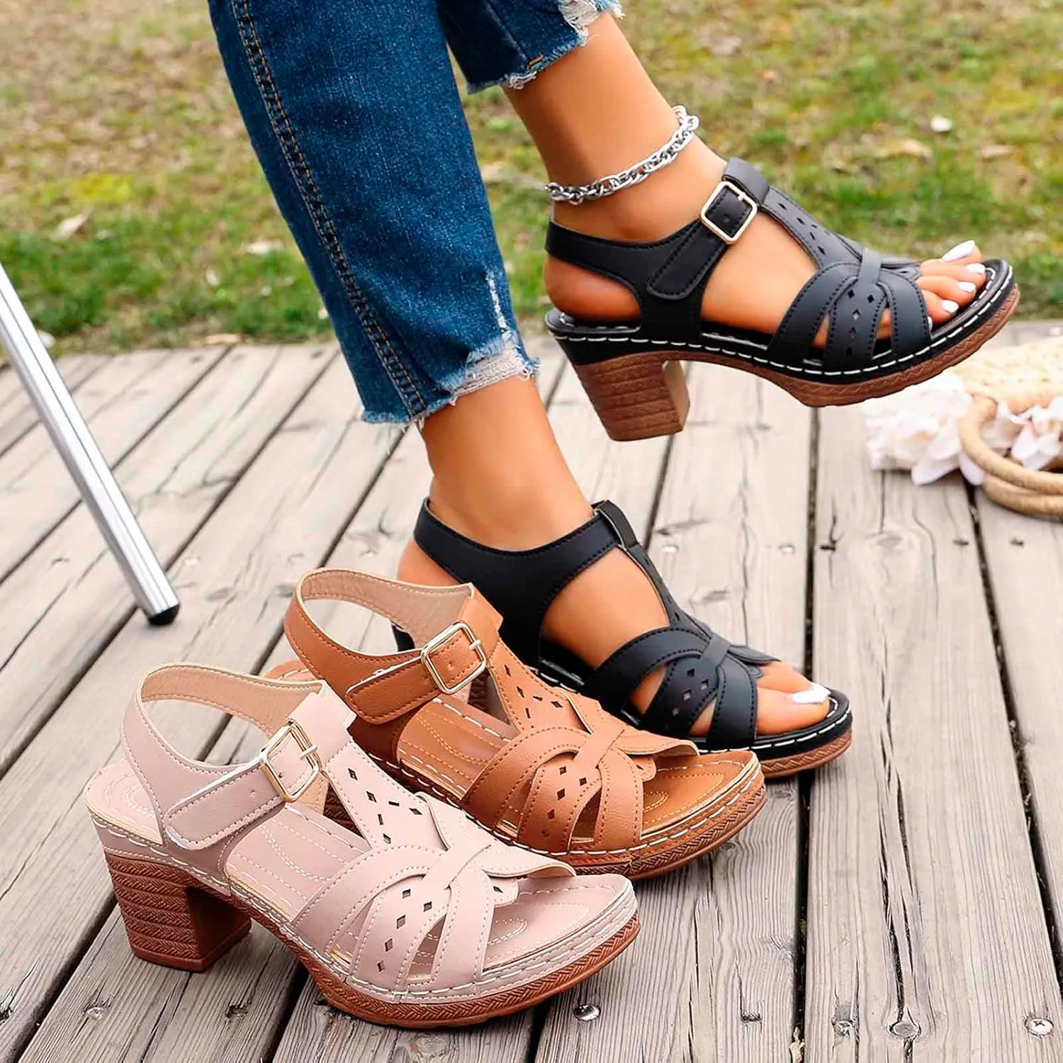 Women's Walking Heeled Sandals with Arch Support Orthopedic Sandals for Women 2025 Open Toe Cutout Ankle Strap Chunky Heel Sandal Leather Wedge Shoes