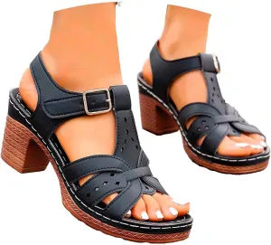 Women's Walking Heeled Sandals with Arch Support Orthopedic Sandals for Women 2025 Open Toe Cutout Ankle Strap Chunky Heel Sandal Leather Wedge Shoes