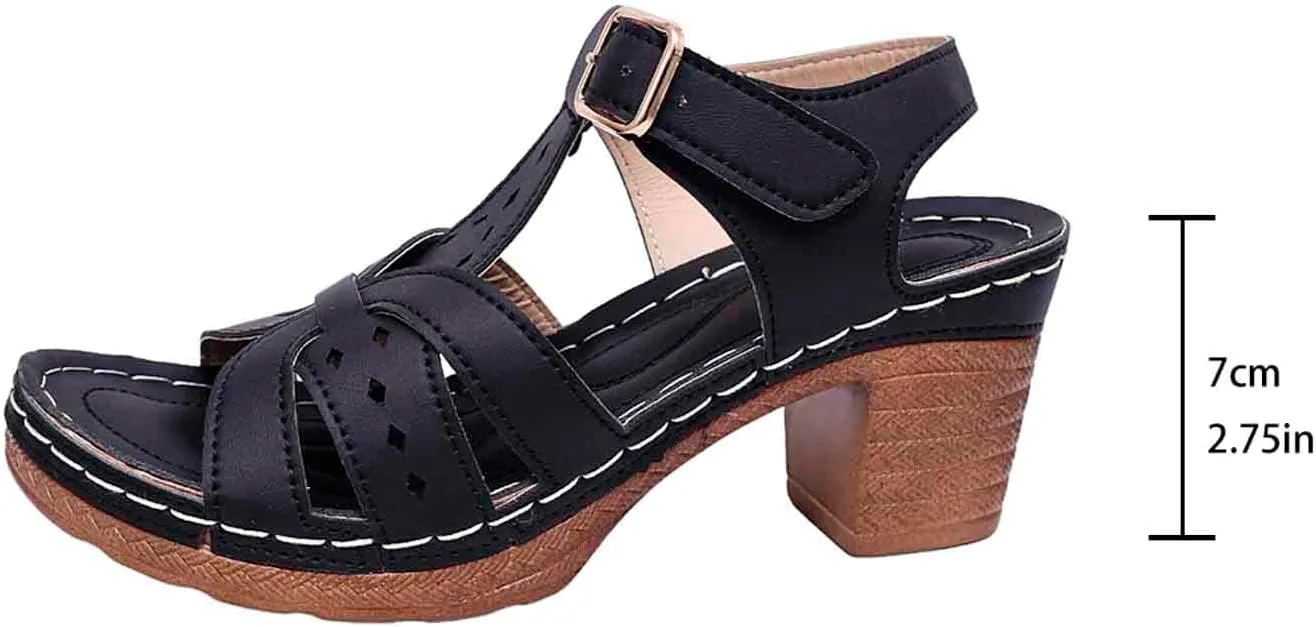 Women's Walking Heeled Sandals with Arch Support Orthopedic Sandals for Women 2025 Open Toe Cutout Ankle Strap Chunky Heel Sandal Leather Wedge Shoes