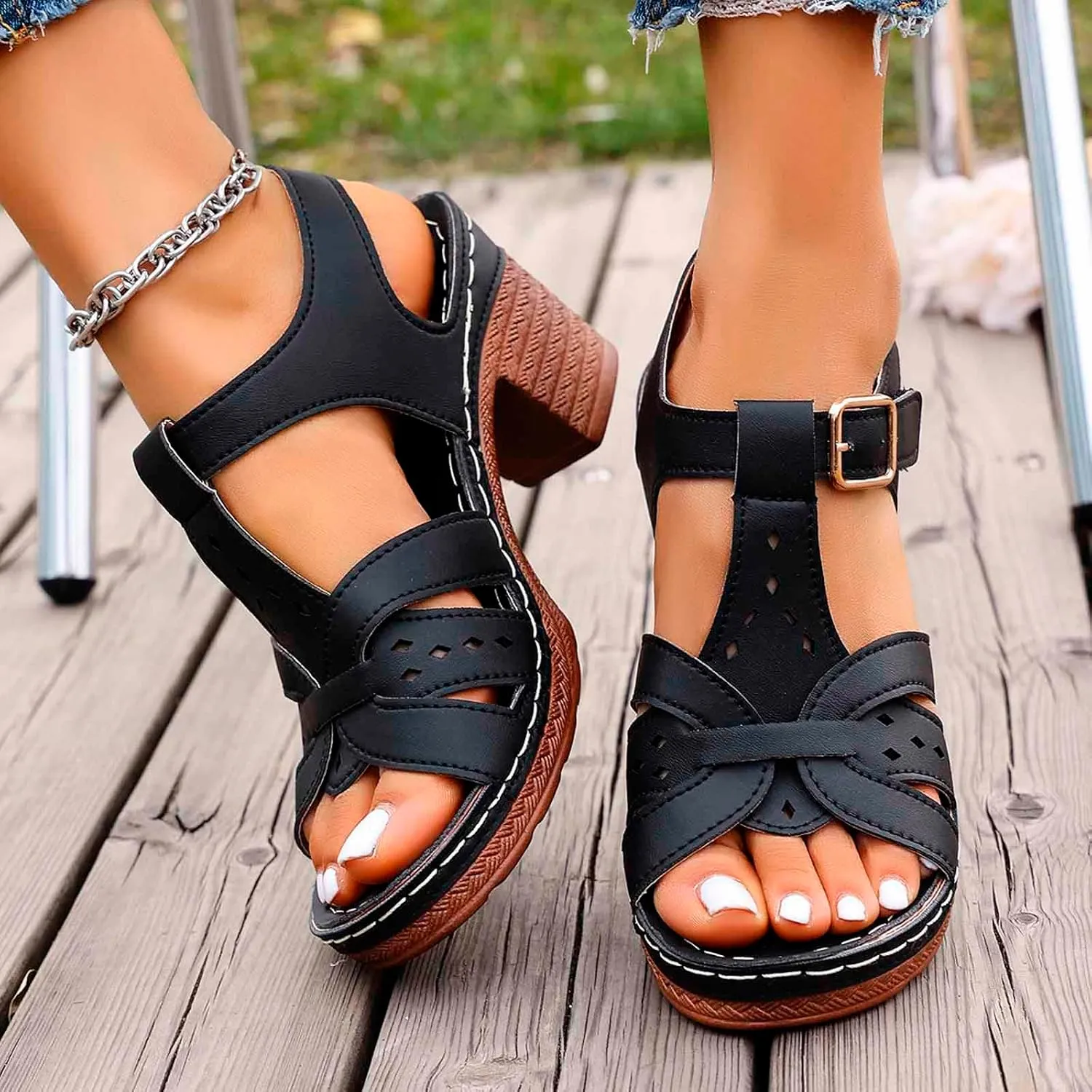 Women's Walking Heeled Sandals with Arch Support Orthopedic Sandals for Women 2025 Open Toe Cutout Ankle Strap Chunky Heel Sandal Leather Wedge Shoes