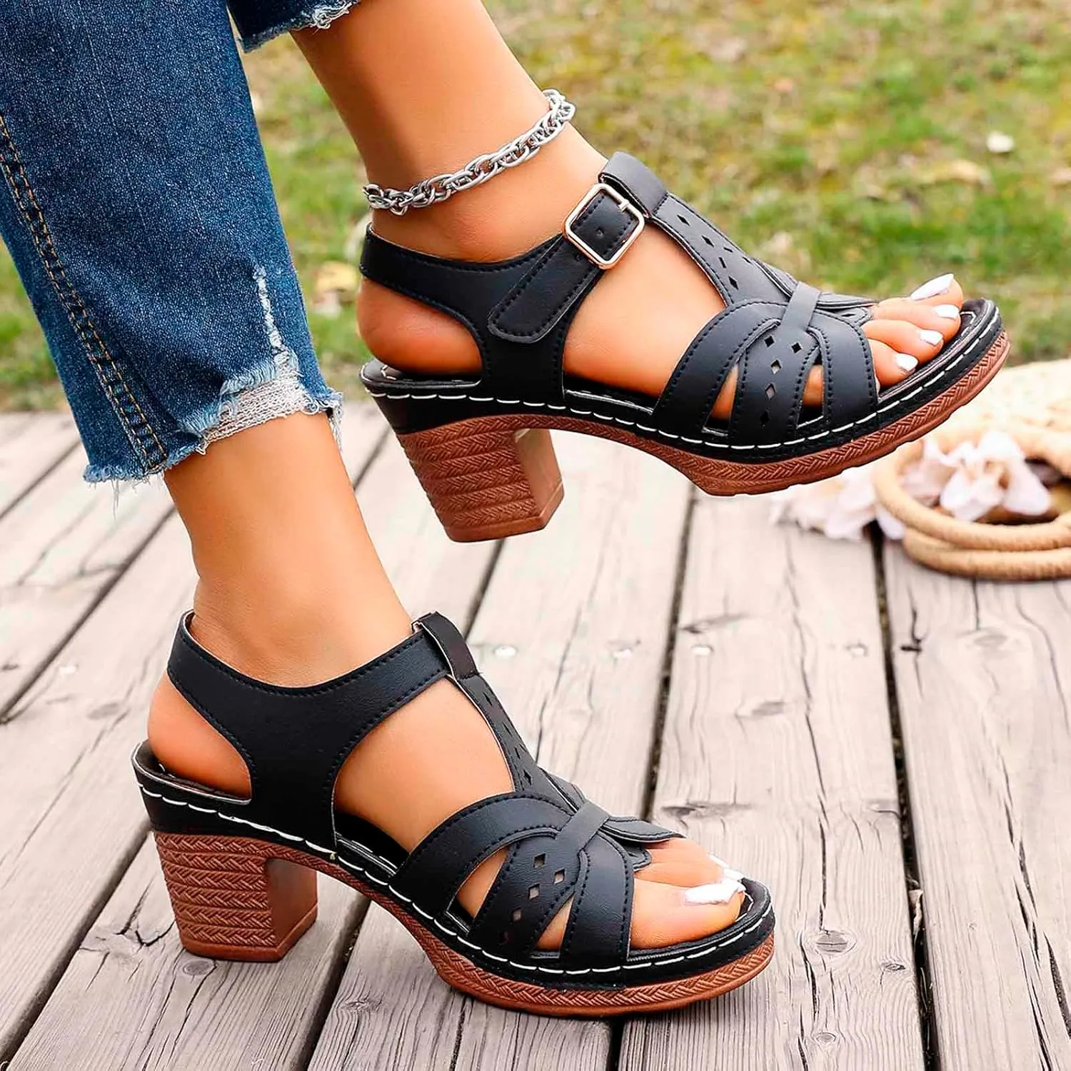 Women's Walking Heeled Sandals with Arch Support Orthopedic Sandals for Women 2025 Open Toe Cutout Ankle Strap Chunky Heel Sandal Leather Wedge Shoes