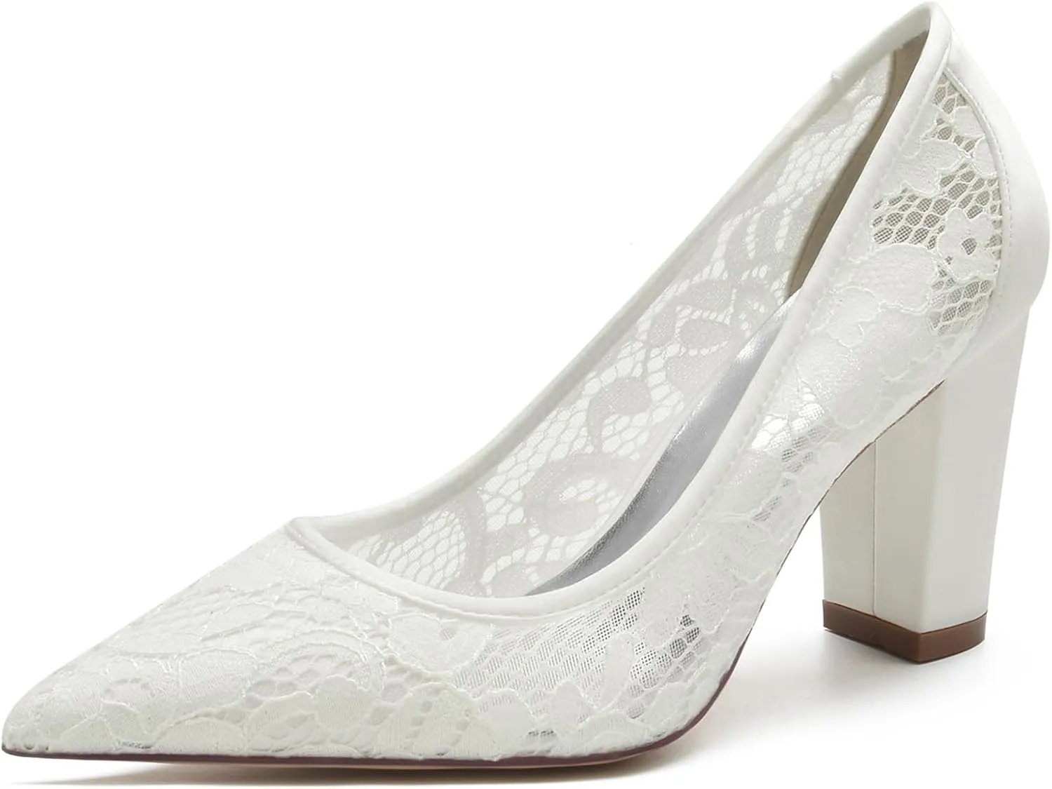 Women's Wedding Shoes Closed Toe Chunky High Heel Shoes Lace Satin Pumps Slip on Bridal Bridesmaid Pointed Toe Sandals