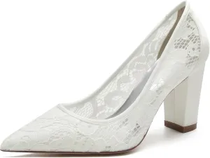 Women's Wedding Shoes Closed Toe Chunky High Heel Shoes Lace Satin Pumps Slip on Bridal Bridesmaid Pointed Toe Sandals