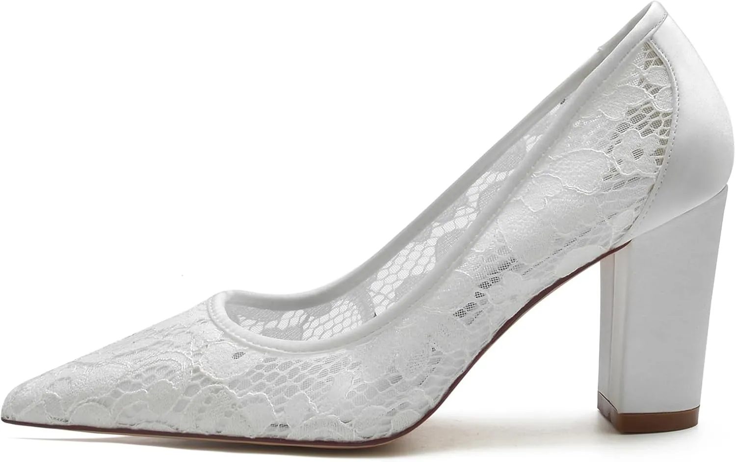 Women's Wedding Shoes Closed Toe Chunky High Heel Shoes Lace Satin Pumps Slip on Bridal Bridesmaid Pointed Toe Sandals
