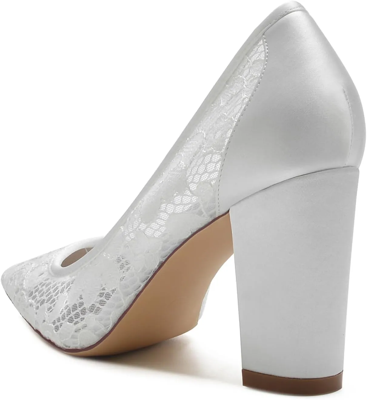 Women's Wedding Shoes Closed Toe Chunky High Heel Shoes Lace Satin Pumps Slip on Bridal Bridesmaid Pointed Toe Sandals