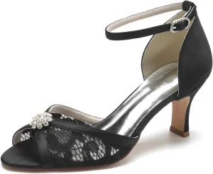Women's Wedding Shoes Peep Toe Heel Lace Satin Bridal Pumps with Rhinestone Evening Party Dress Sandles