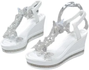 Womens Wedges Sandals Heels for Dressy, Comfy Open Toe Platform Wedge Sandals, Summer Rhinestone Butterfly Vacation Wedding Shoes