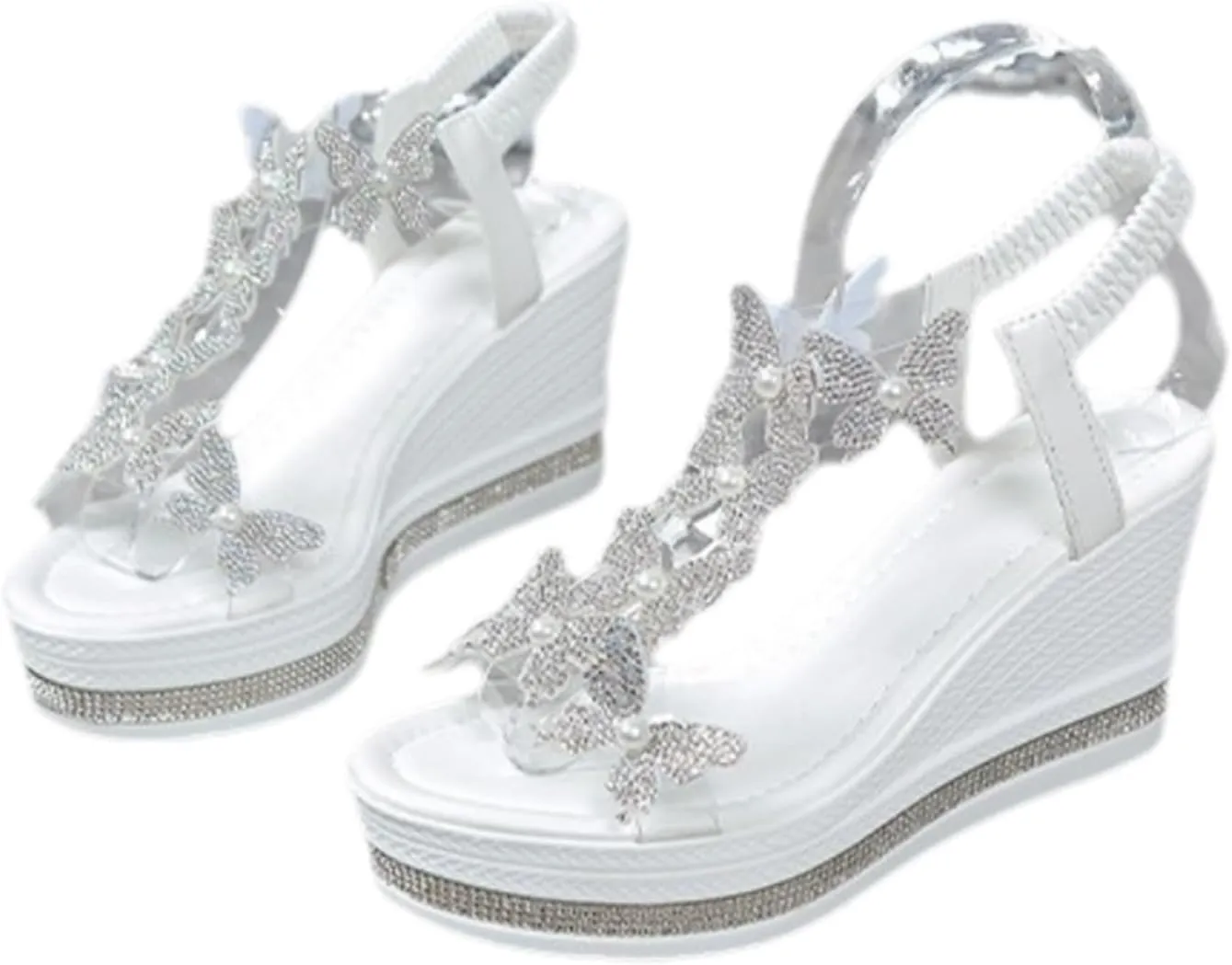 Womens Wedges Sandals Heels for Dressy, Comfy Open Toe Platform Wedge Sandals, Summer Rhinestone Butterfly Vacation Wedding Shoes