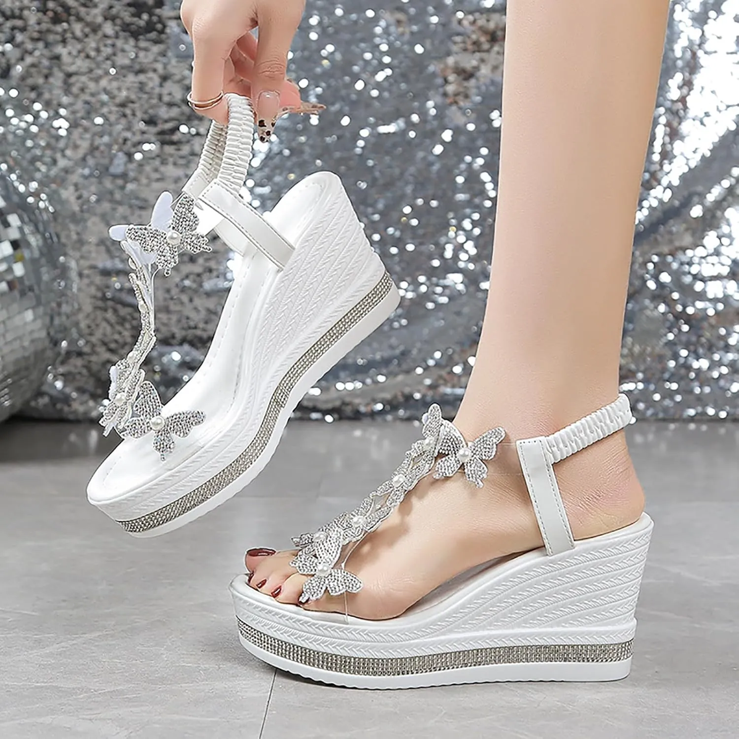 Womens Wedges Sandals Heels for Dressy, Comfy Open Toe Platform Wedge Sandals, Summer Rhinestone Butterfly Vacation Wedding Shoes